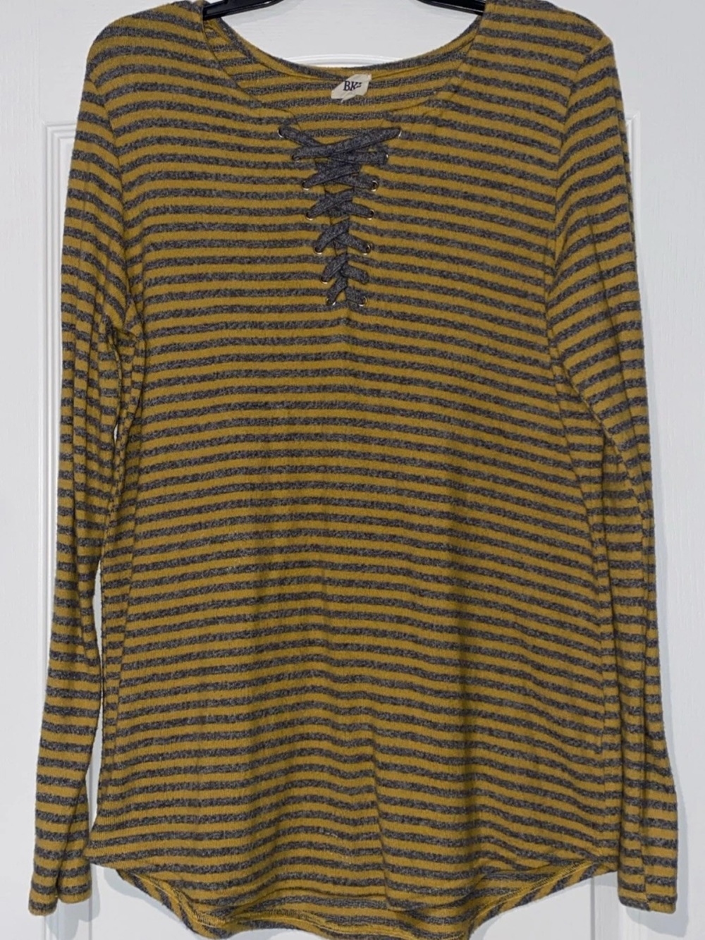 BKE Striped Knit Top in Mustard and Charcoal